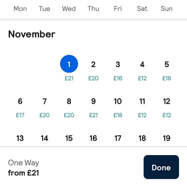 Calendar view of Skyscanner screenshot