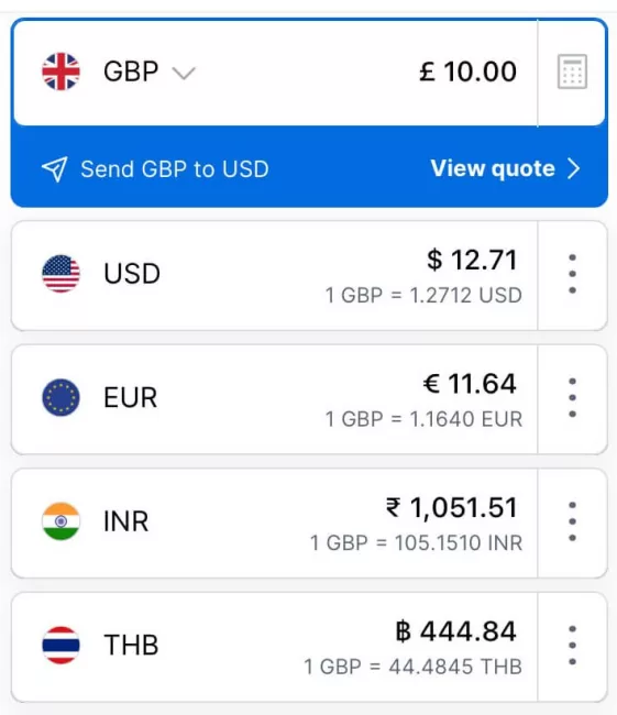 Screenshot of Xe showing live currency exchange rates
