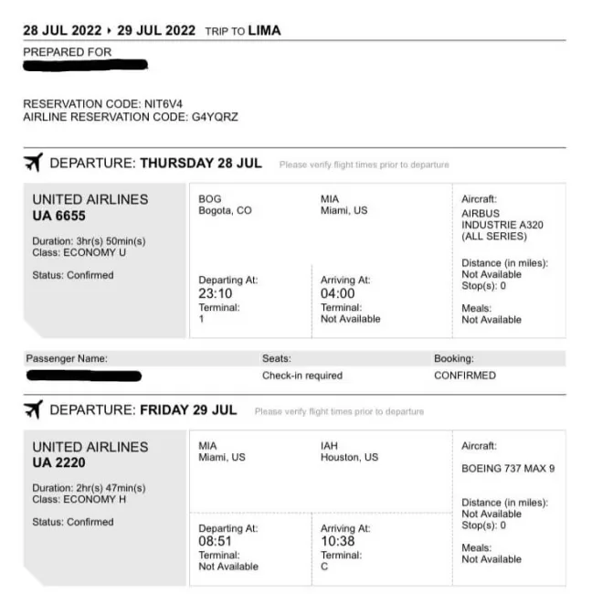 Screenshot of rented airline ticket, a great proof of onward travel