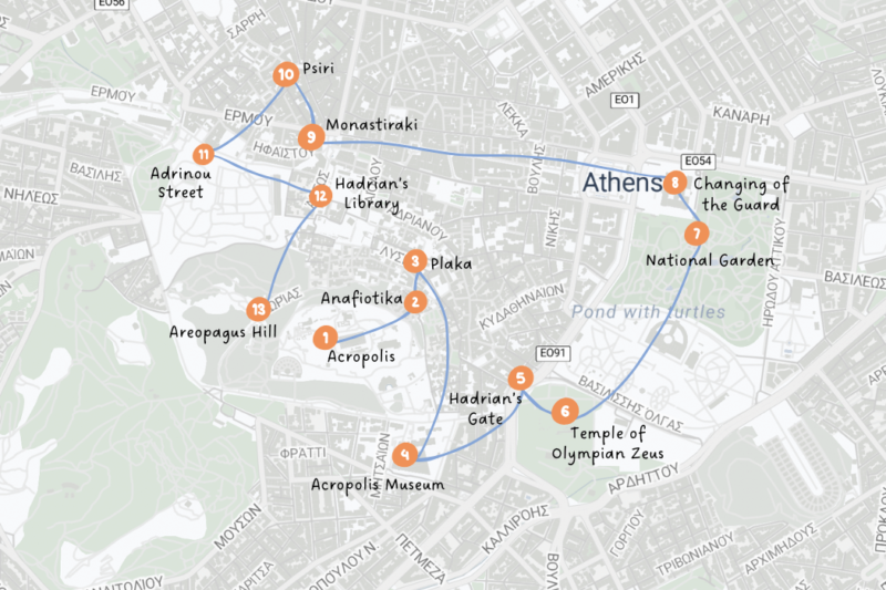 1 Day Athens Itinerary Map
