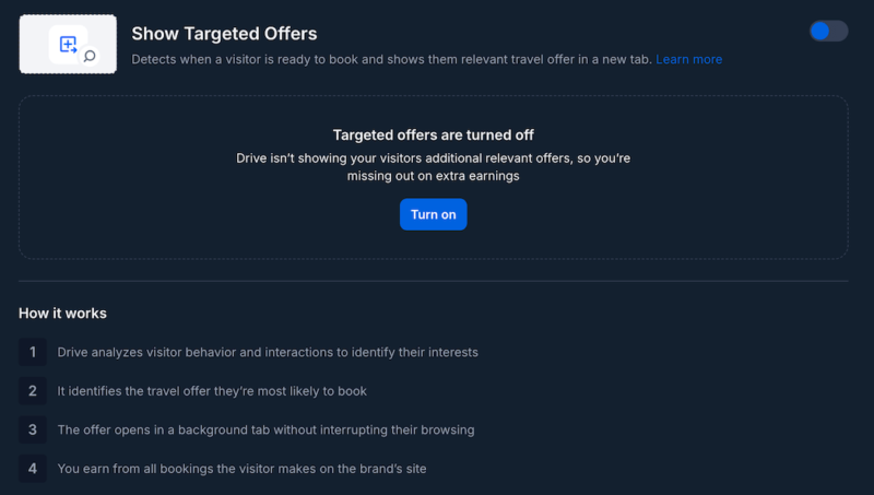 Toggle "off" Show Targeted Offers in Travelpayouts