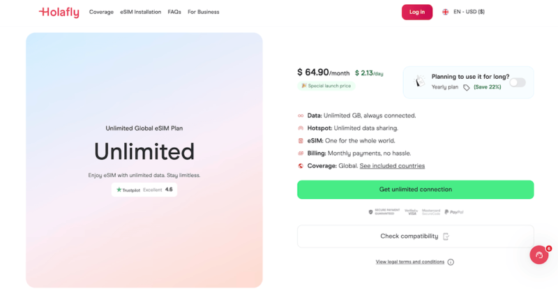 Holafly's Unlimited Global Data Plan